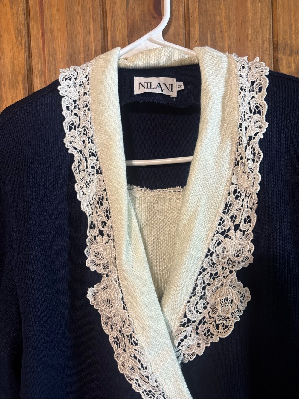 Vintage Nilani Navy Blue Off White Lace Trim knit Cardigan Coquette Sweater M - Picture 11 of 13